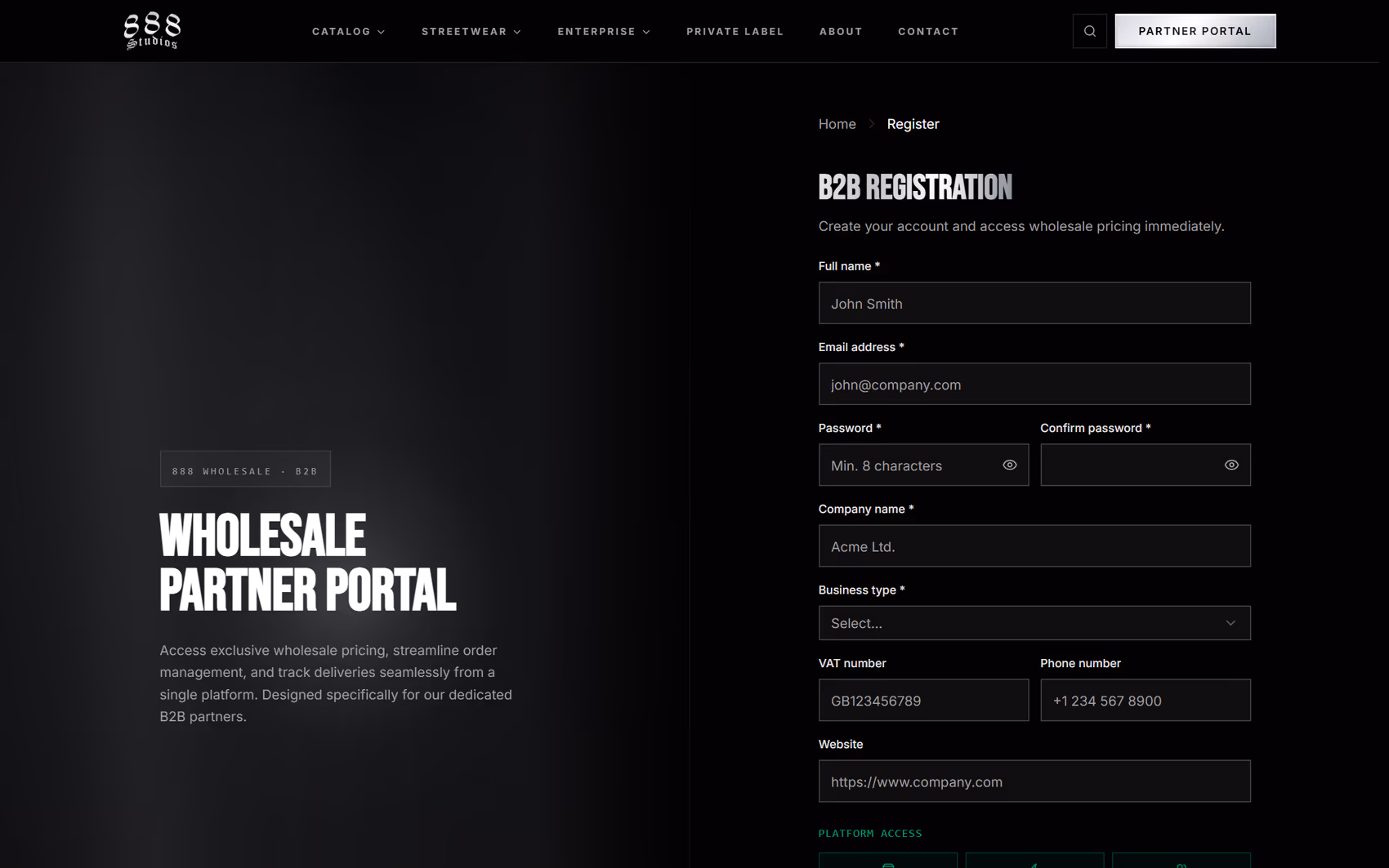 888 Wholesale B2B wholesale account registration form showing the company details step