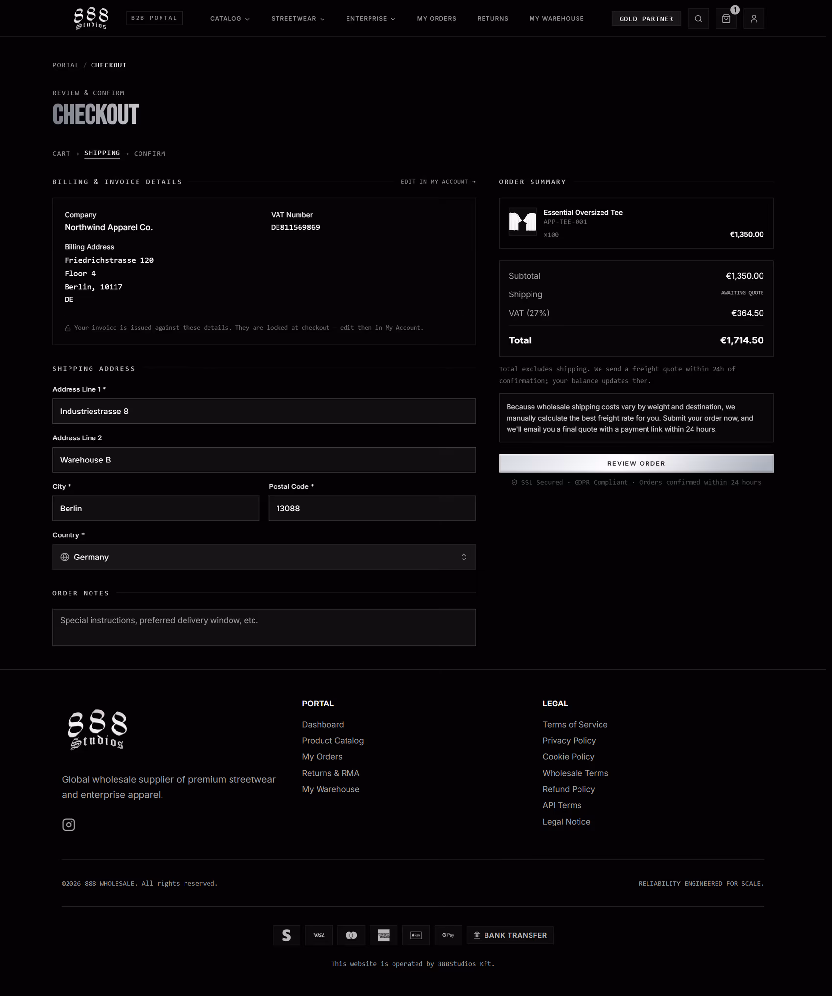 888 Wholesale B2B checkout with order summary, shipping address, VAT, and a freight quote note for wholesale orders