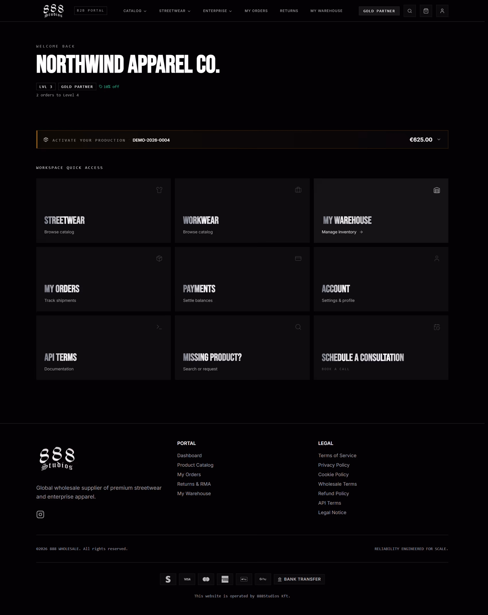 888 Wholesale B2B client portal dashboard with partner status strip, a payment alert, and the workspace quick access grid