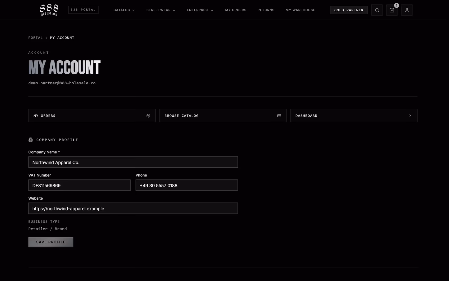 888 Wholesale B2B portal account settings page with company profile, VAT number, and contact details