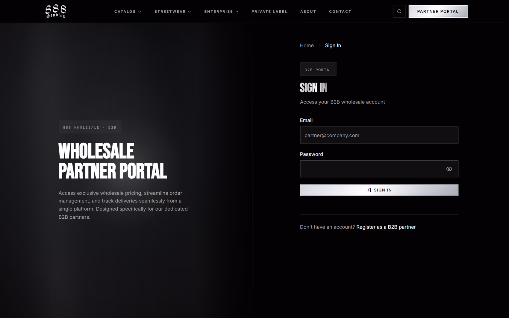 888 Wholesale B2B client portal login page where approved wholesale partners sign in