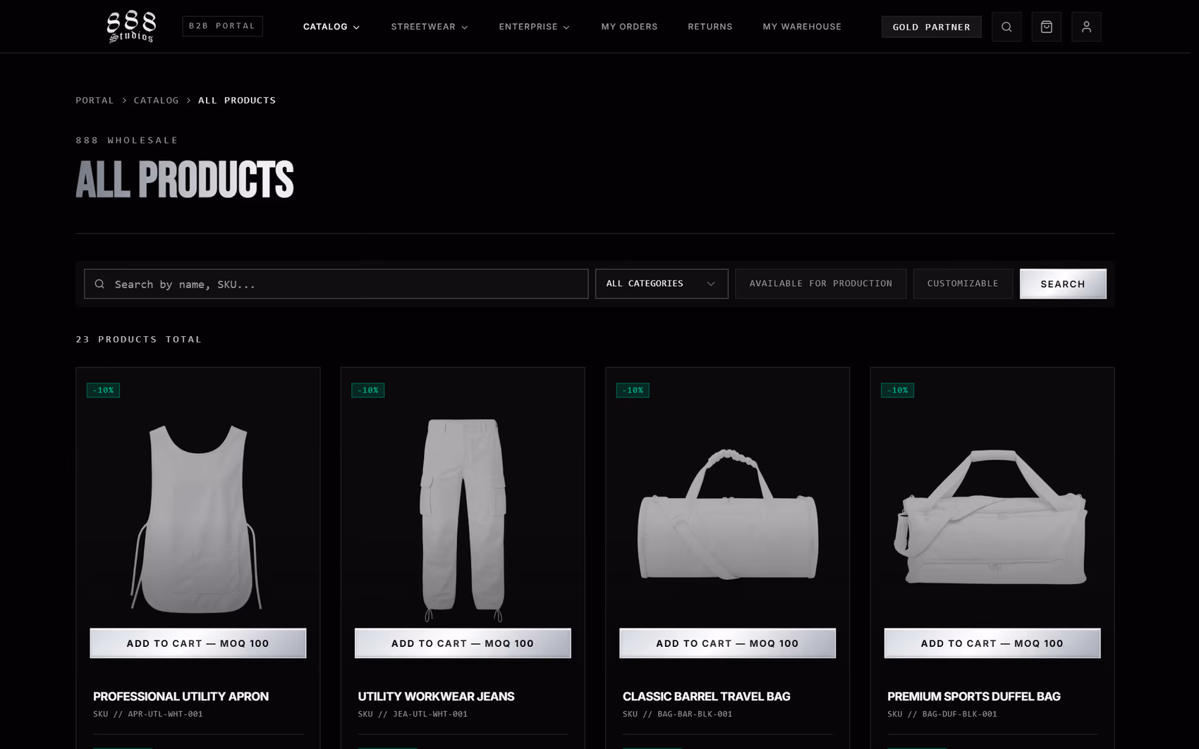 888 Wholesale B2B wholesale product catalog with search, category filters, and partner pricing on each product card