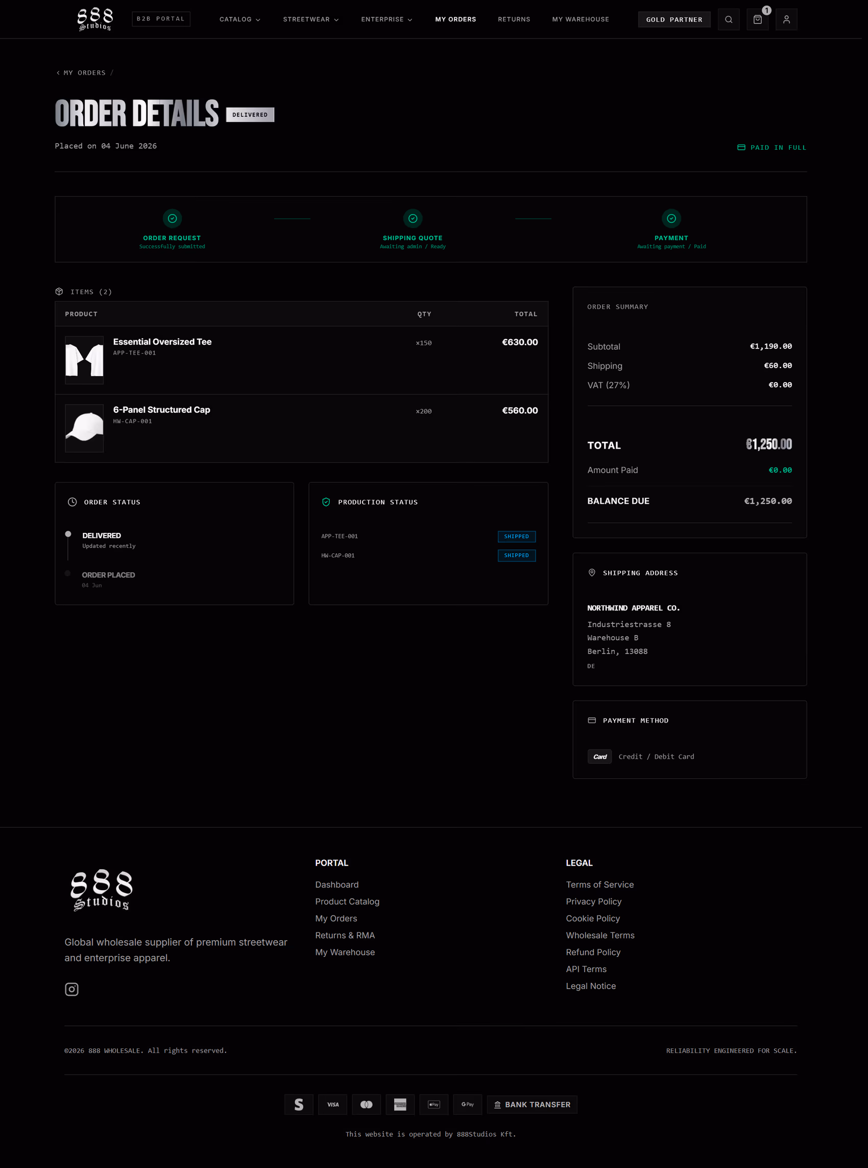 888 Wholesale order detail page with line items, totals, a status tracker, invoice, and shipping address