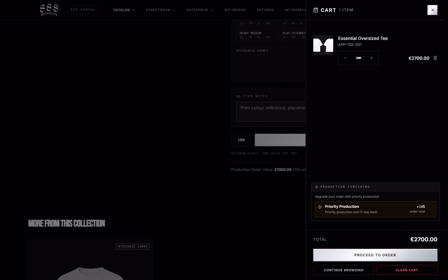 888 Wholesale B2B portal cart showing a wholesale order line with its volume rate, total, and a proceed to order button