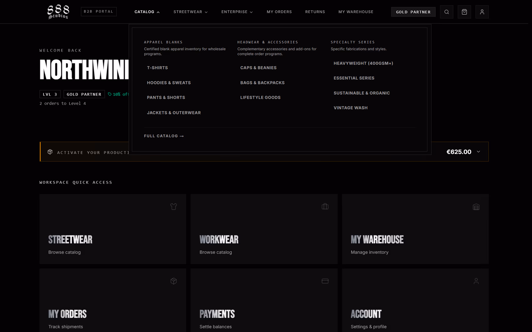 888 Wholesale portal catalog navigation menu listing apparel blanks, headwear, and specialty product lines