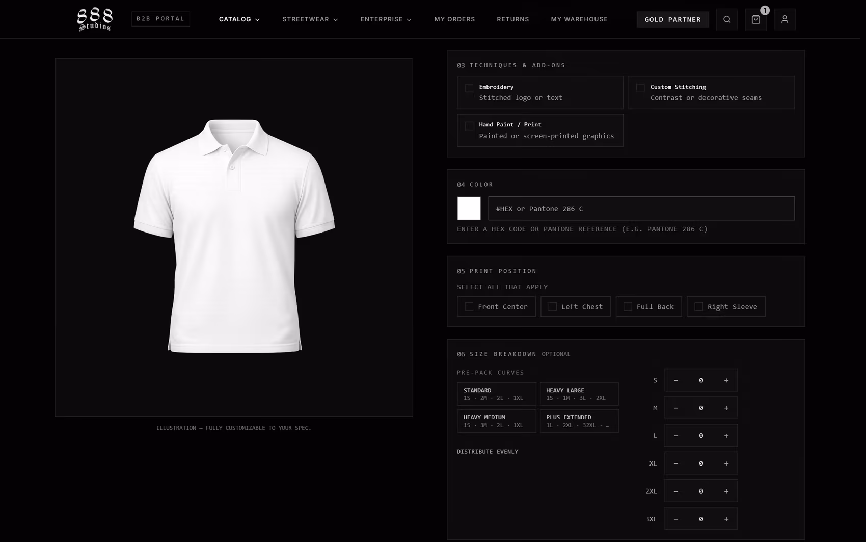 888 Wholesale private label configurator with print positions, decoration techniques, color picker, and a size breakdown