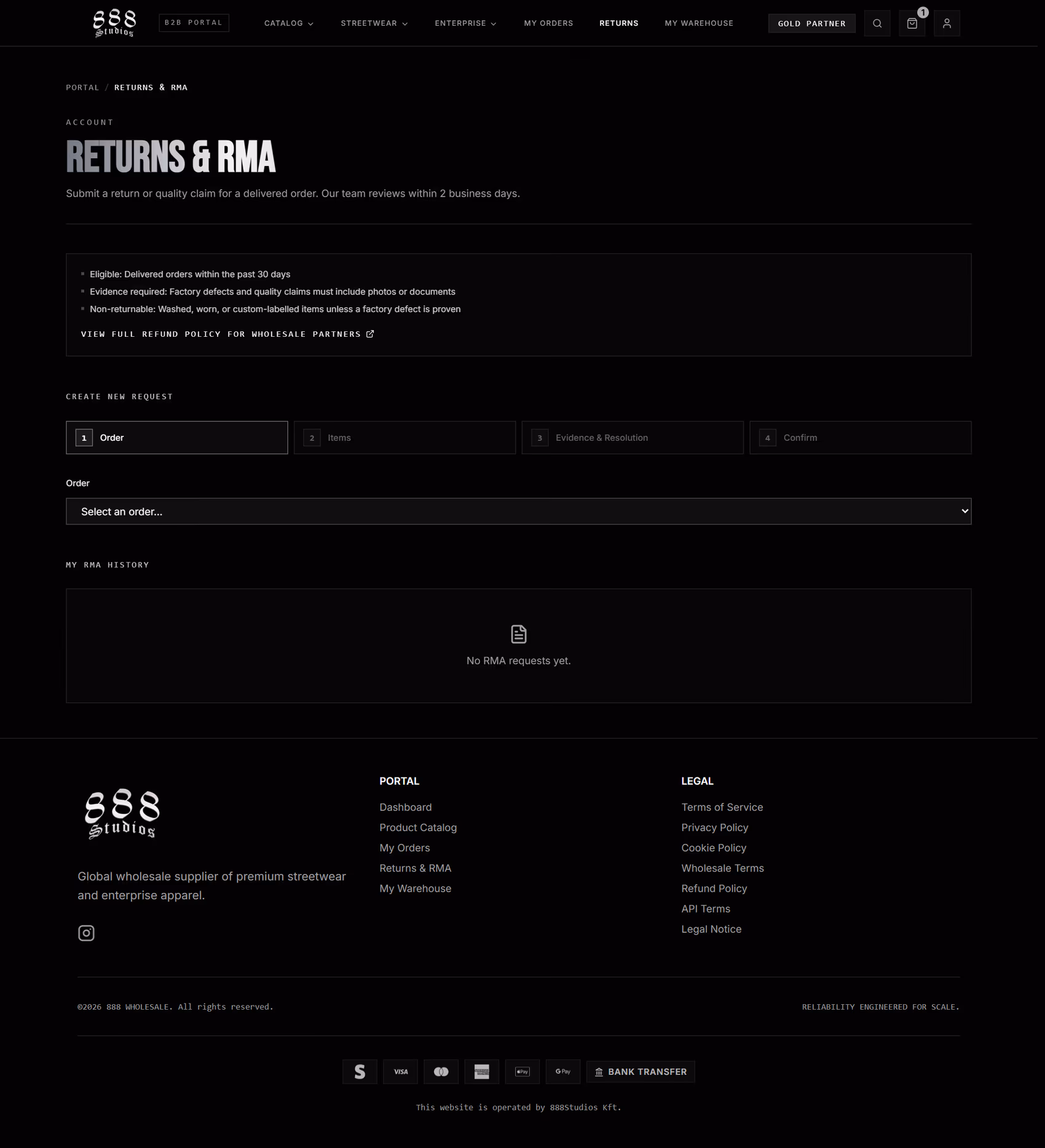 888 Wholesale returns and RMA portal with a create return request form and an RMA history table