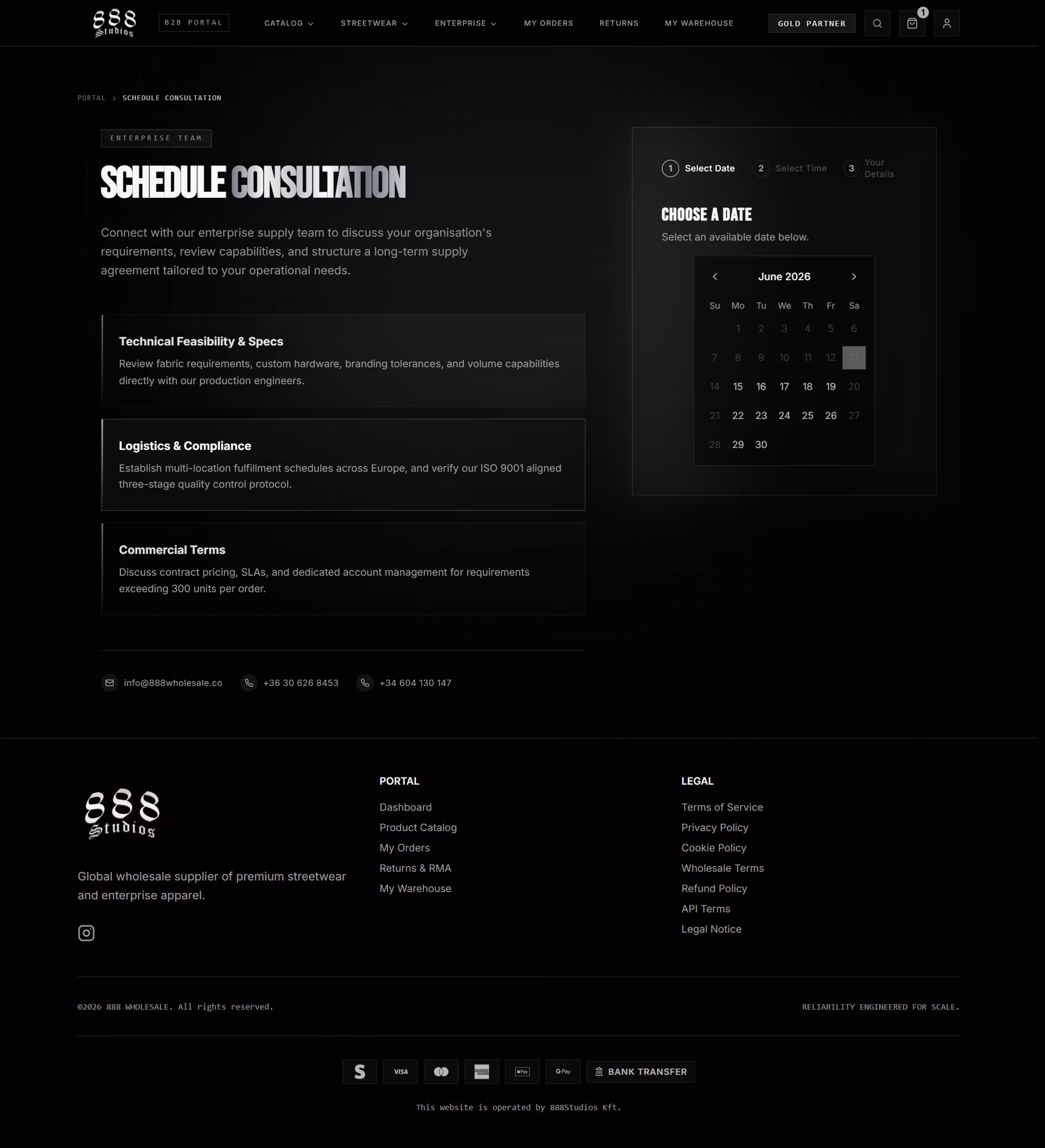 888 Wholesale schedule consultation booking page with a date and time picker for enterprise supply